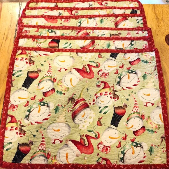 Vintage 90s Handmade Set of 6 Christmas Placemats Reversible Snowmen Trees light - Picture 2 of 6